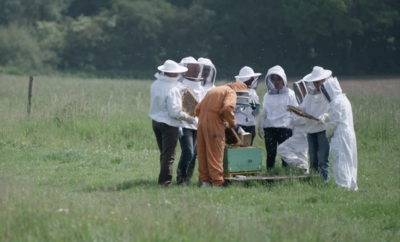 L’aménagement de l’exploitation agricole des Brayer a permis de mettre une ruche connectée autour de laquelle plusieurs personnes observent les abeilles.