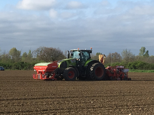 Photo d'un tracteur dans un champ pendant les semis de maïs